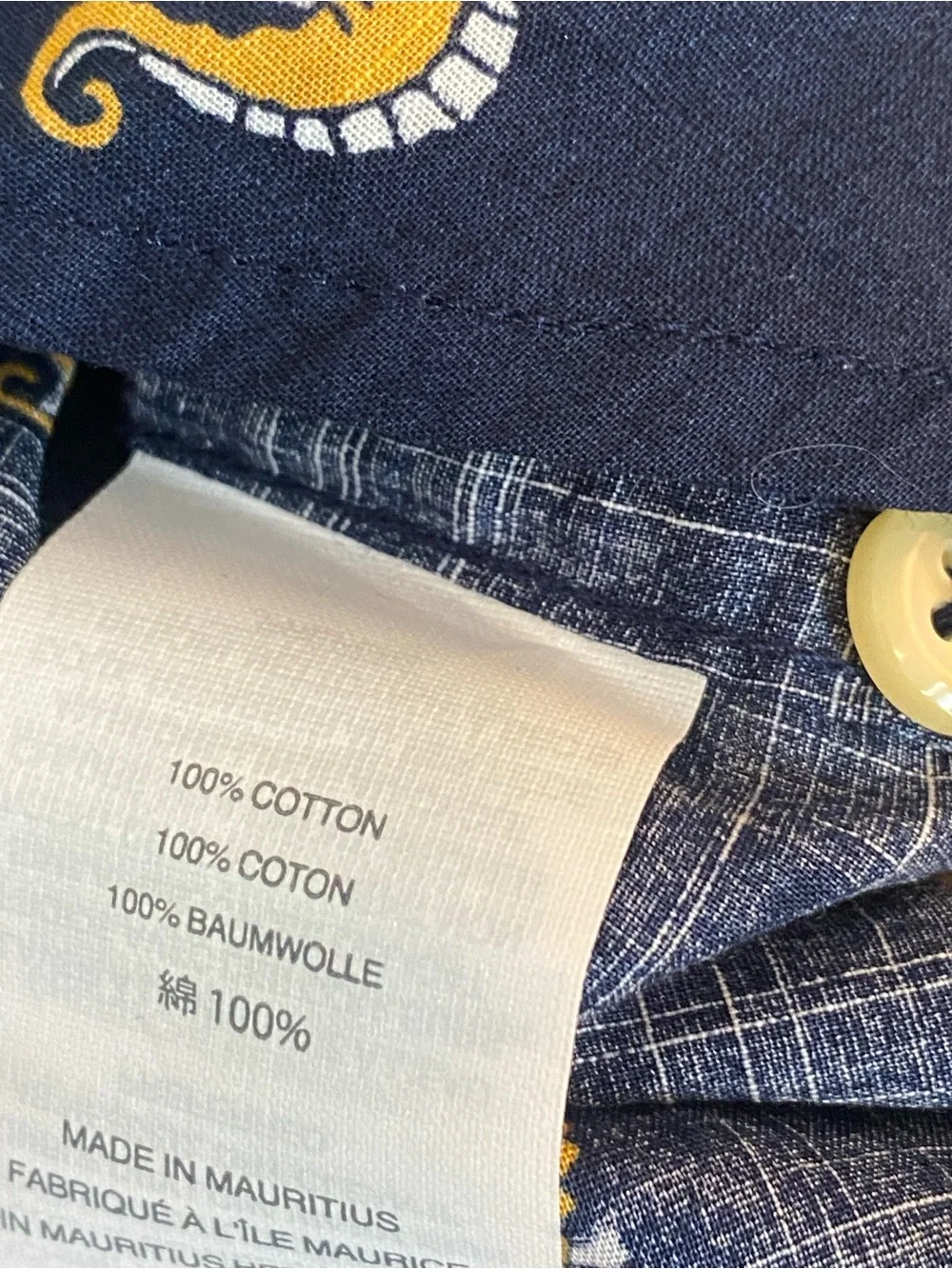 J. Crew Navy Short-Sleeve Button-Down with Yellow Seahorse Print L